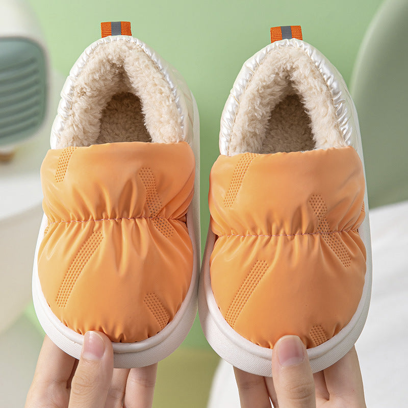 Children's cotton slippers for winter with heels, waterproof and non-slip, small, medium and large boys and girls, thick soft sole, plus velvet, warm baby cotton shoes