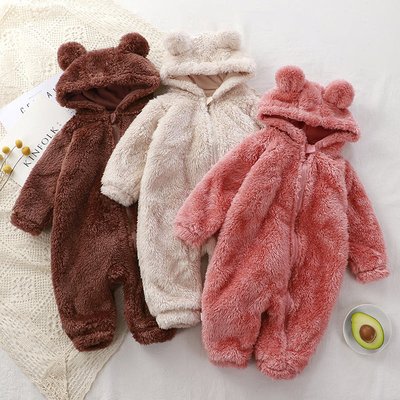 Cross-border baby jumpsuit winter newborn warm crawling suit baby plush outerwear coverall pajamas bear romper