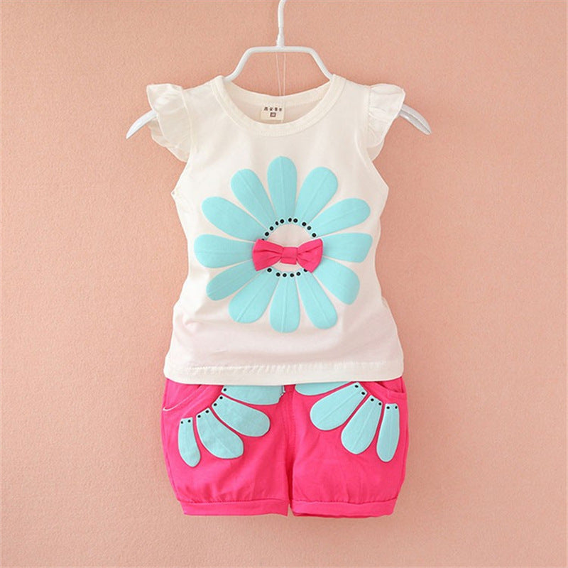 Korean children's clothing summer clothes girls summer cartoon flower vest suit 0-4 years old baby girl shorts two-piece suit trendy