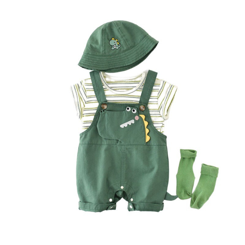 Cute and fashionable baby clothes summer short-sleeved trendy baby boy jumpsuit fake two-piece going out clothes romper crawling clothes