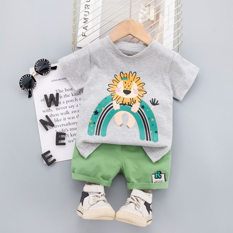 Children's college style suit 2024 summer boys cartoon lion two-piece suit baby boy stylish short-sleeved shorts suit