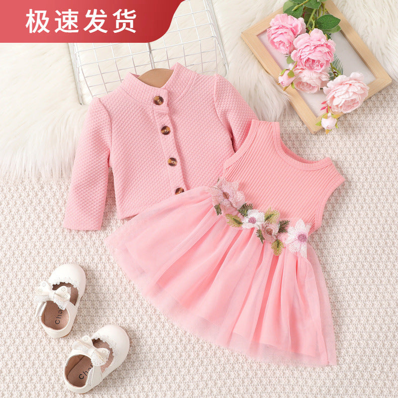 Baoxin children's clothing cross-border autumn and winter style baby sweet applique mesh dress solid color plaid coat two-piece set