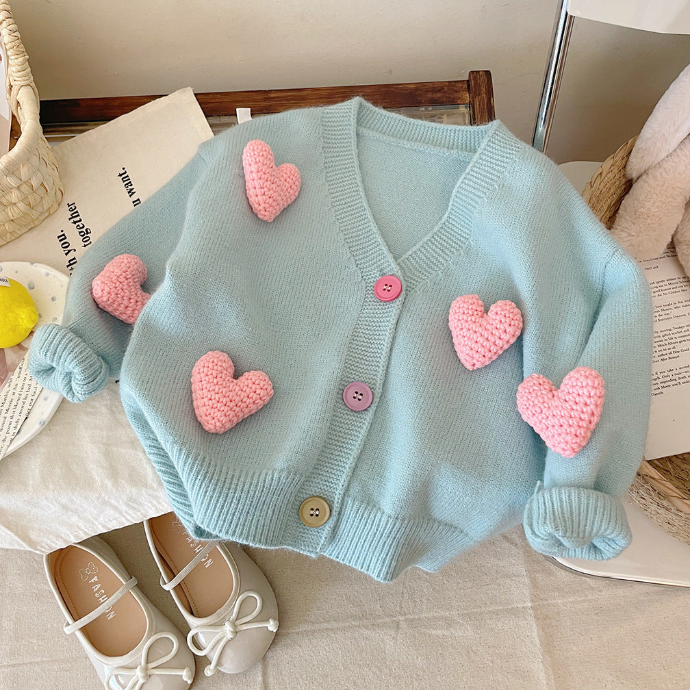 Korean children's clothing girls knitted cardigan autumn style 24 new style sweater children baby wool love coat