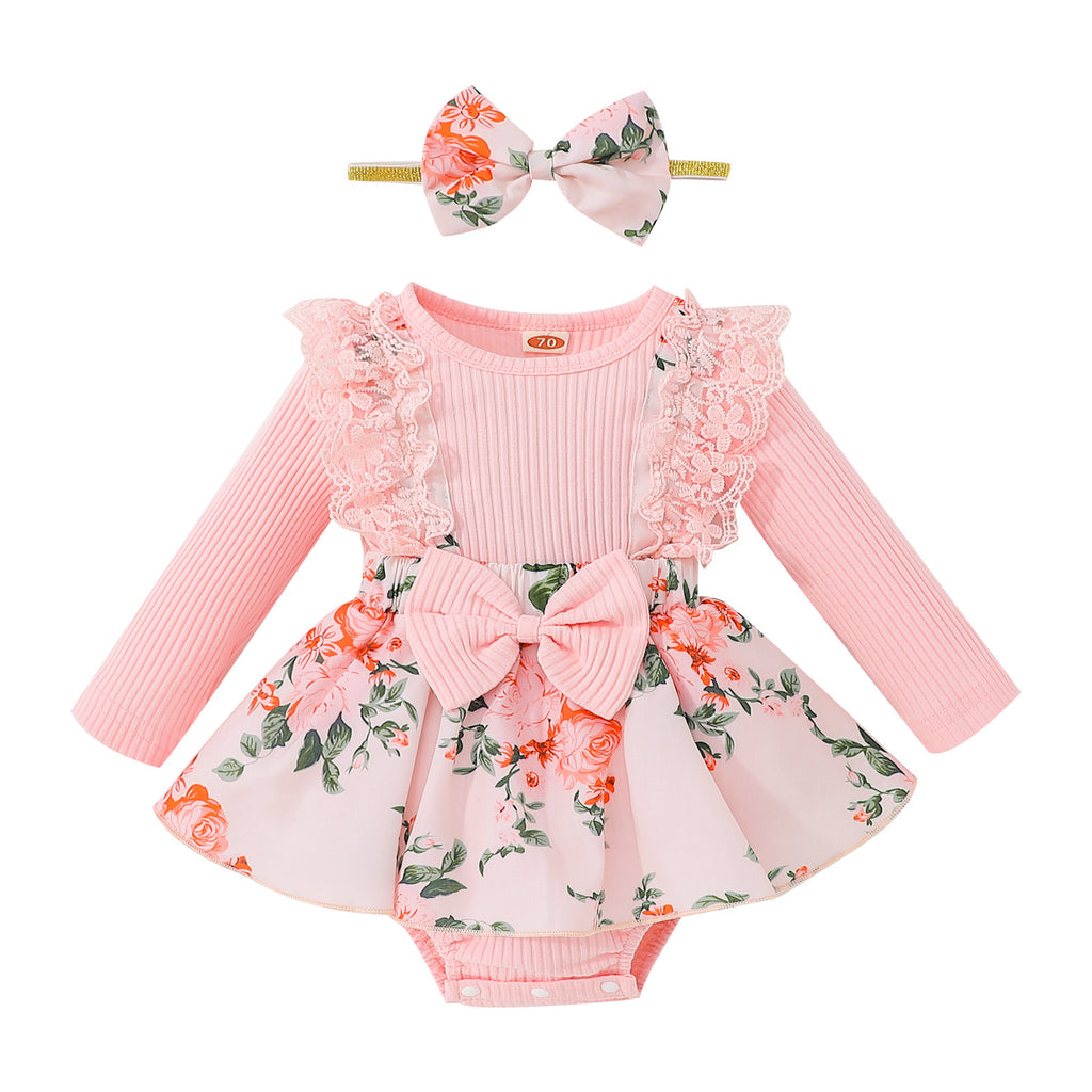 Baoxin cross-border children's clothing wholesale baby girl autumn new lace cotton pit strips splicing flowers full print one-piece romper