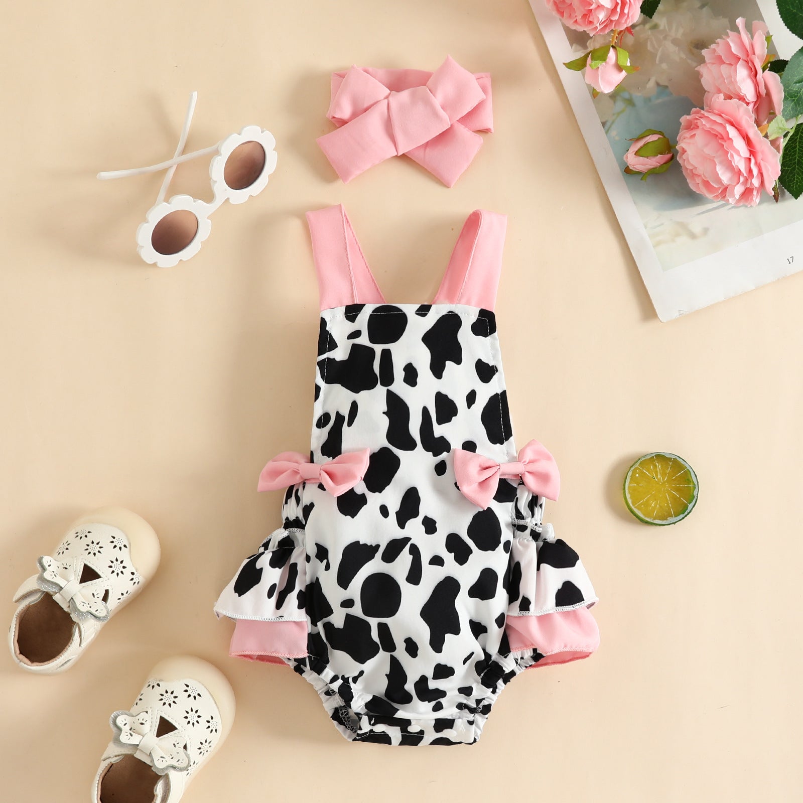 Foreign trade baby summer sling cow triangle romper fart clothes casual cute print butterfly knot crawling clothes