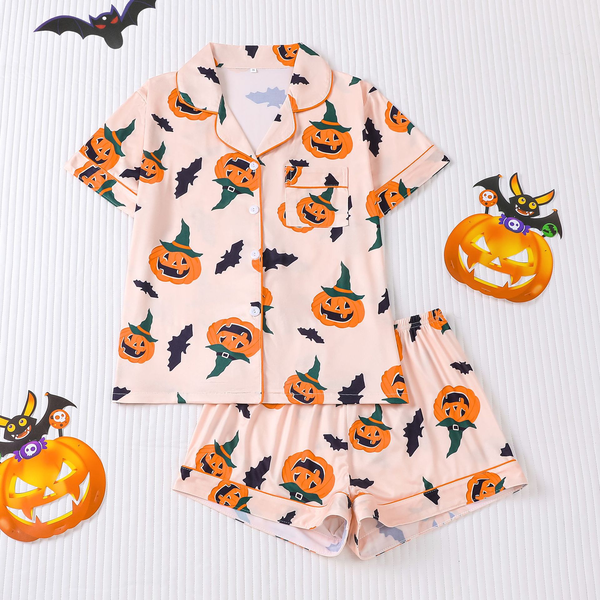 Cross-border foreign trade new European and American women's pajamas Halloween print lapel short-sleeved shorts European and American home clothes suit