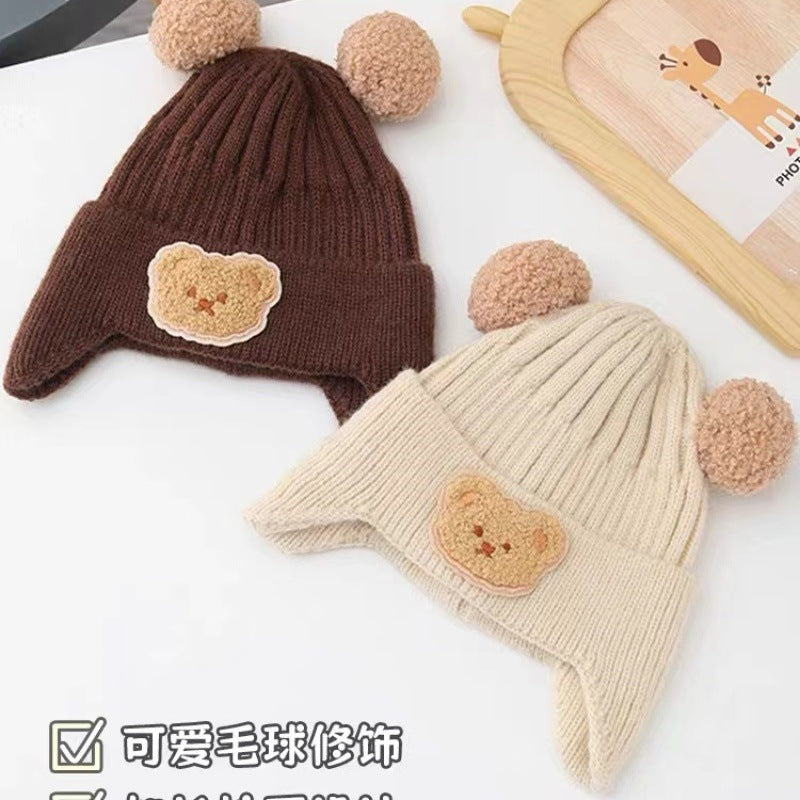 Autumn and winter children's hat baby same style beige series boys and girls windproof ear protection warm knitted cartoon ear warmer