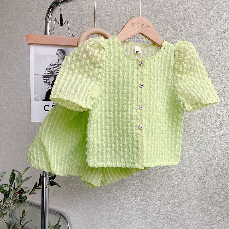 Girls suit 2023 summer new green baby girl solid color top shorts two-piece suit 11001