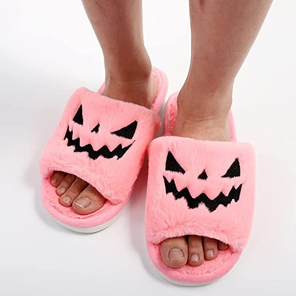 Cross-border plus size slippers female Halloween pumpkin lantern soft European and American plush open toe outer wear plush