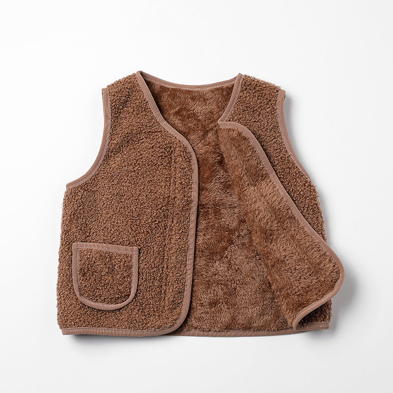 2024 autumn and winter new style boys plus velvet baby waistcoat children's outer wear lambskin vest girls warm cotton vest