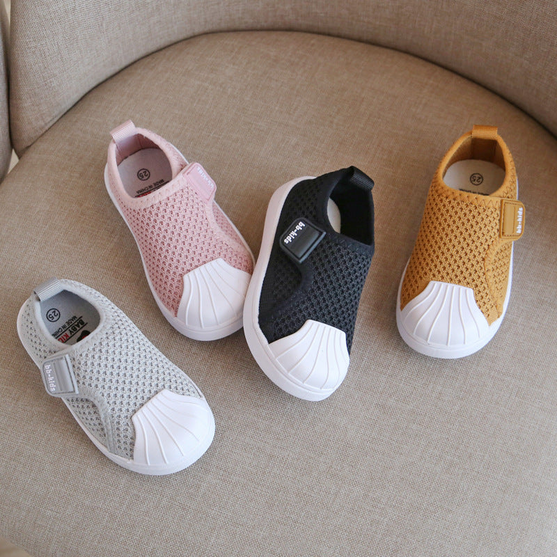 Spring and autumn children's shoes non-slip soft bottom children's sports shoes men and women small and medium children breathable flying woven board shoes shell head baby