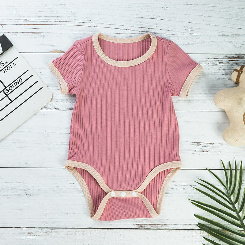 2025 Factory Wholesale Spring and Autumn New Baby Clothes Boys and Girls Short Sleeve Contrast Color Romper Crawling Clothes One-piece Clothes