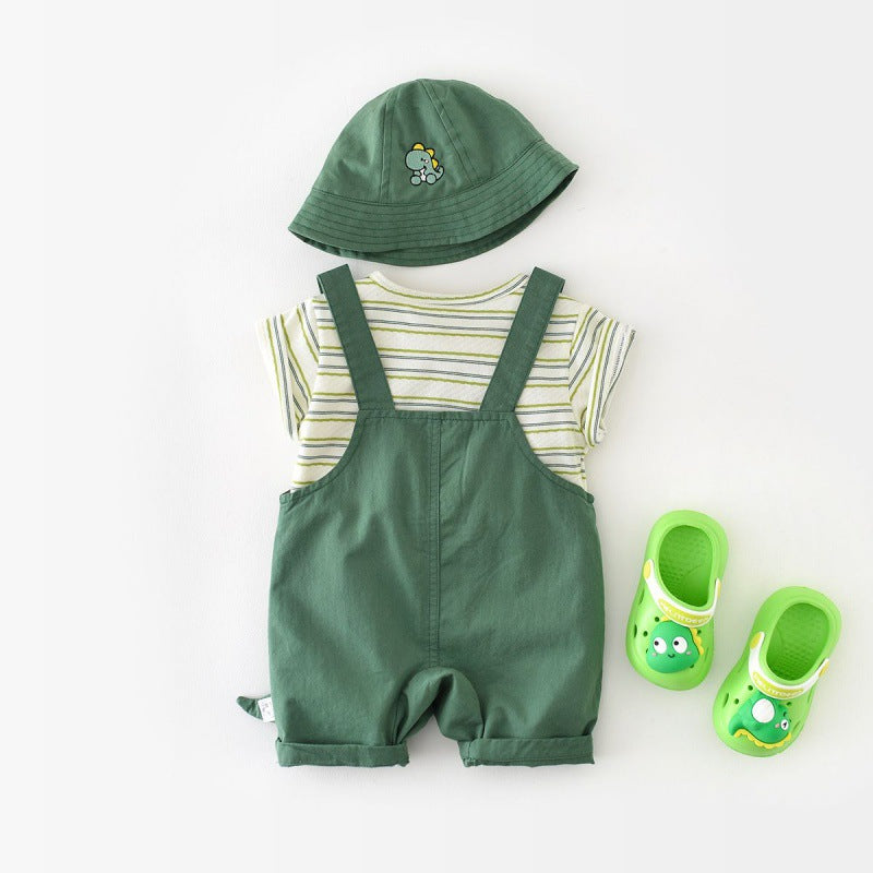 Cute and fashionable baby clothes summer short-sleeved trendy baby boy jumpsuit fake two-piece going out clothes romper crawling clothes