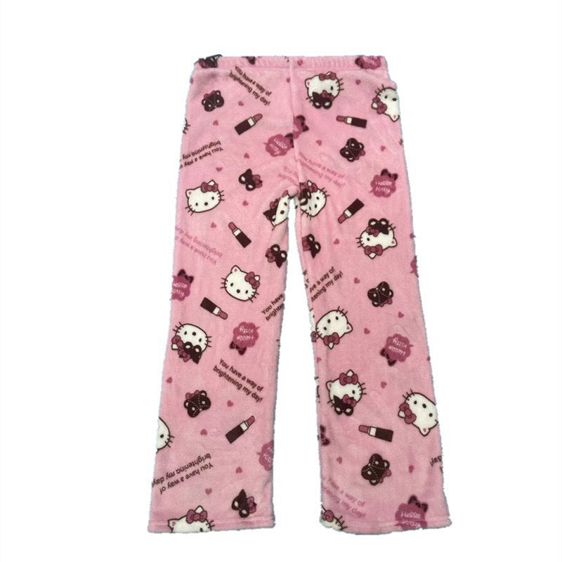 Foreign trade Halloween cartoon KT cat flannel pajamas women autumn and winter plus velvet warm leisure home graffiti pants