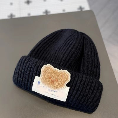 New autumn and winter children's warm hats cute bear double ball hats infant baby warm ear protection knitted wool hat
