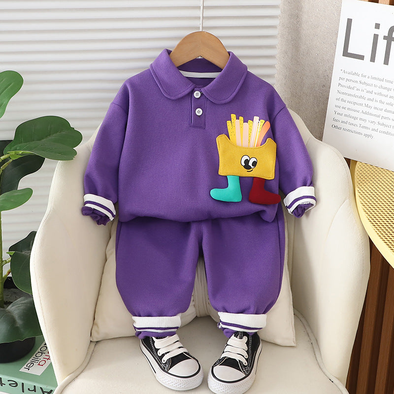 Children's spring and autumn lapel suits 2024 new style children's baby autumn clothes cartoon polo shirt sweater two-piece suit trendy