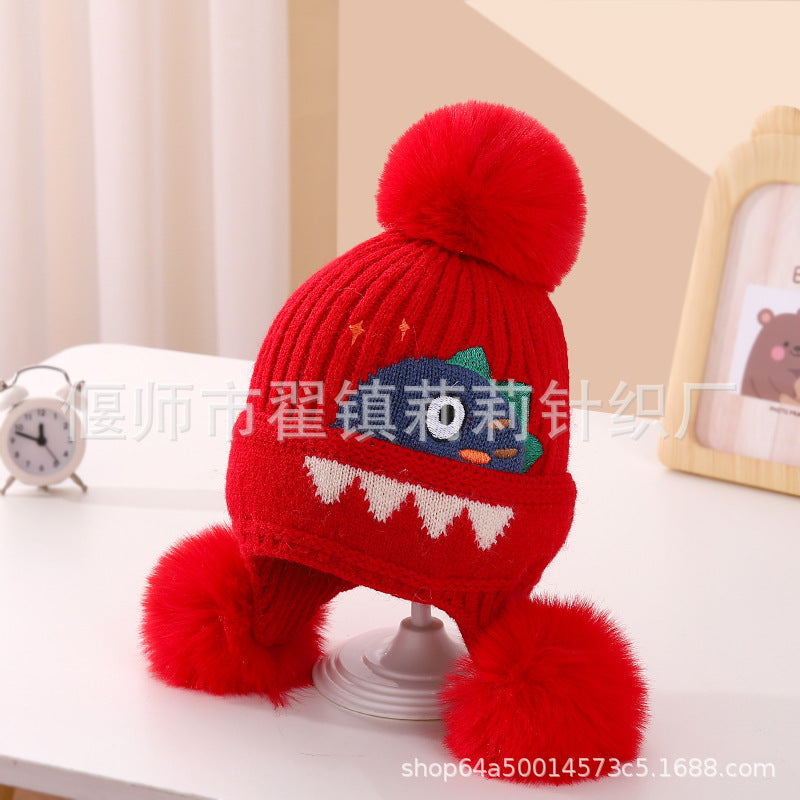 New autumn and winter children's warm hats cute bear double ball hats infant baby warm ear protection knitted wool hat