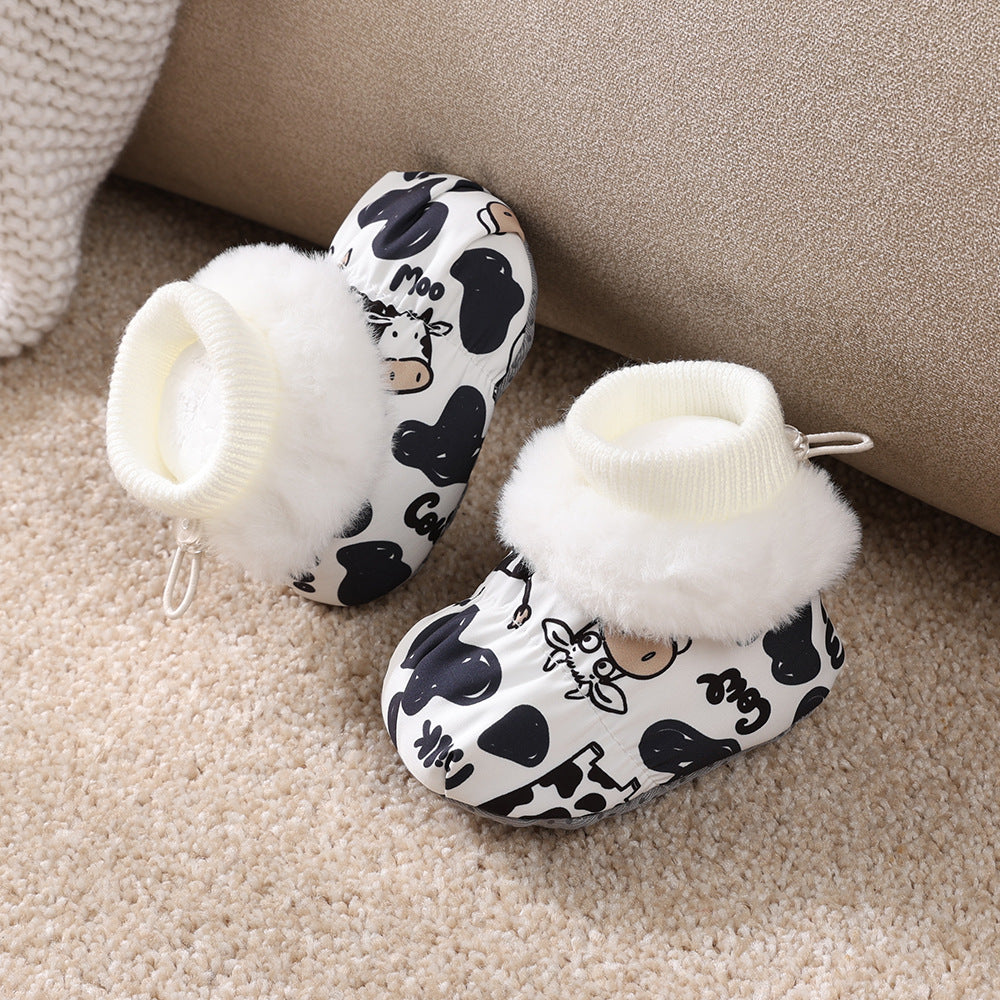 Autumn and winter infant shoes plus velvet 0-1 year old baby soft sole non-falling cotton shoes keep warm newborn full moon shoes and socks
