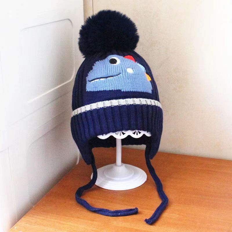 New autumn and winter children's warm hats cute bear double ball hats infant baby warm ear protection knitted wool hat