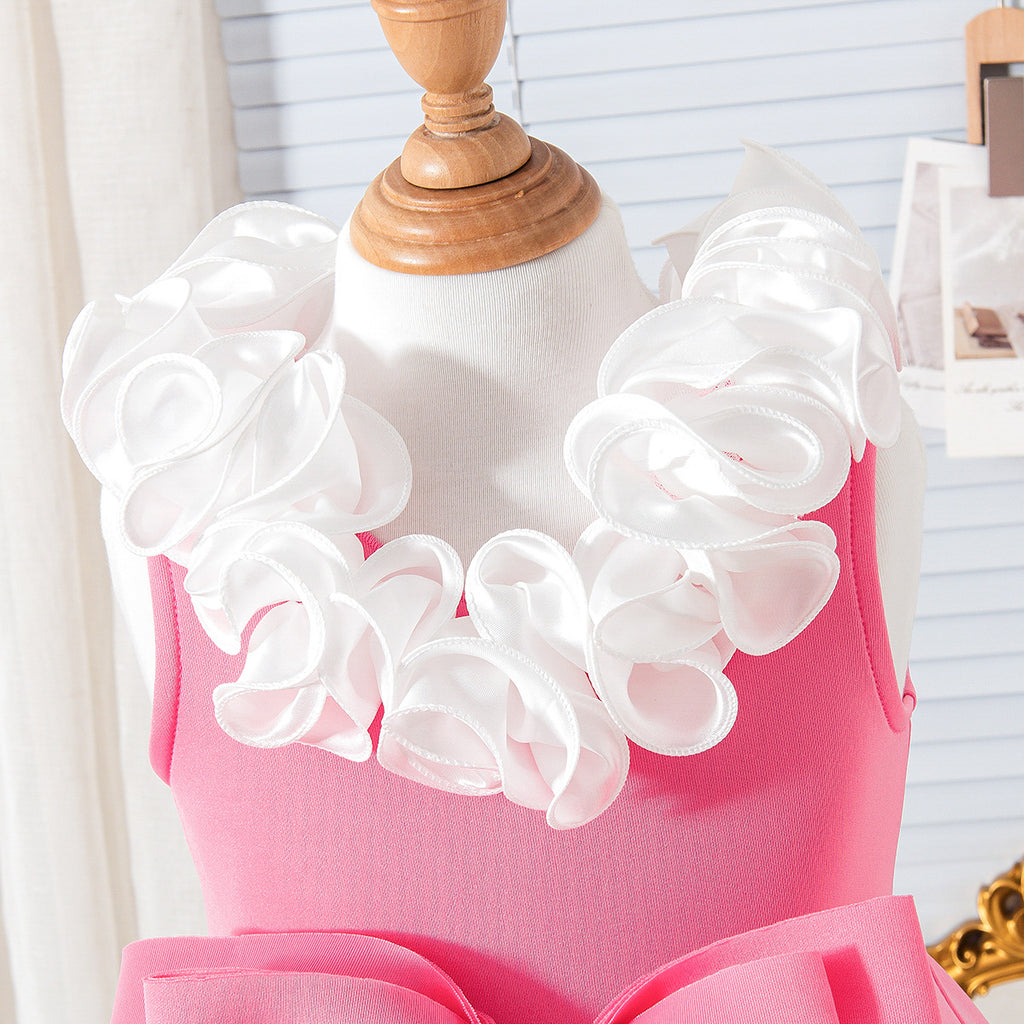 Cross-border European and American summer new girls suits small and medium-sized children's baby lace v-neck bow dress in stock