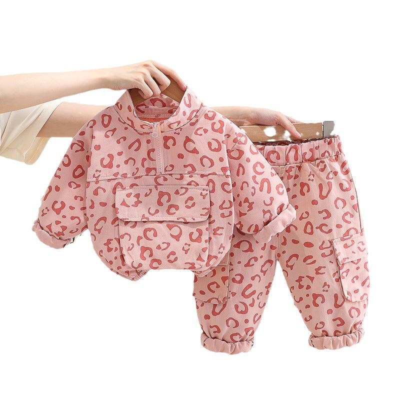 Baby spring clothes 2024 new boys and girls two-piece suits for children leopard print stand collar suits for one piece