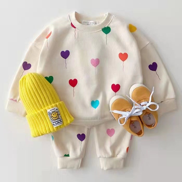 Korean version of infants and young children's spring and autumn ins love printing fashionable boys and girls sweatshirt baby comfortable two-piece suit