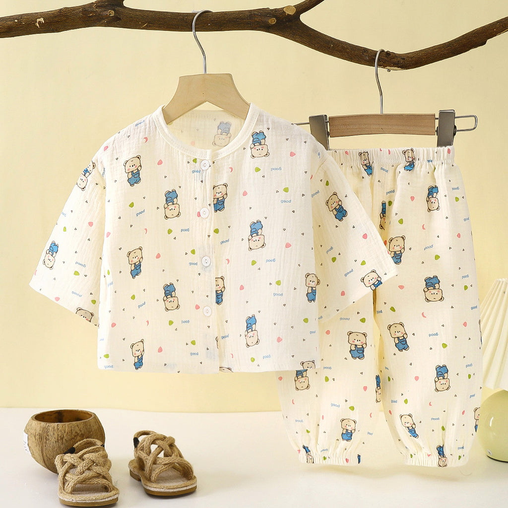 Children's thin double-layer cotton gauze boy's pajamas summer girl's home clothes boy's baby long-sleeved bloomers suit
