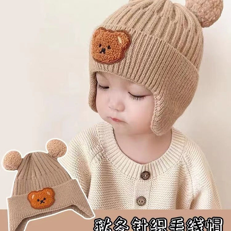 Autumn and winter children's hat baby same style beige series boys and girls windproof ear protection warm knitted cartoon ear warmer