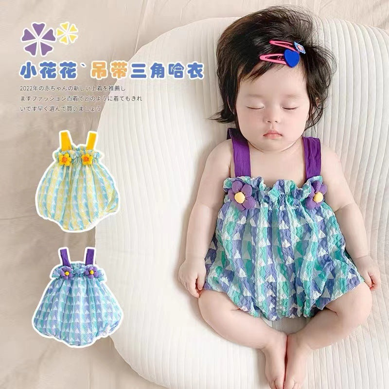 New summer Korean style baby girl three-dimensional flower striped sling lantern fart clothes trendy