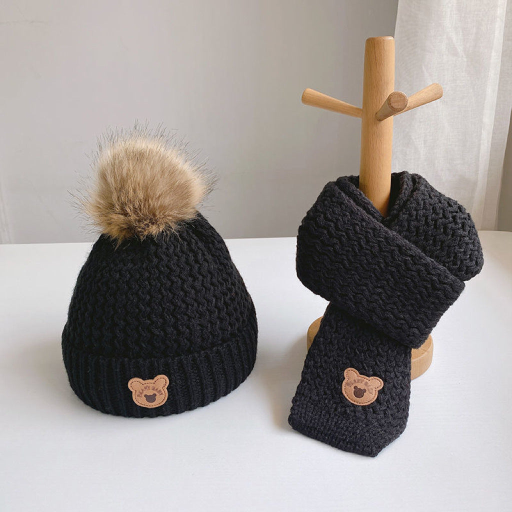 Children's hat scarf set for boys and girls winter warm cotton lining wool hat baby two-piece hat