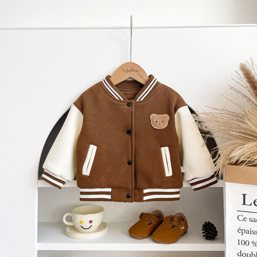 2024 Korean version children's jacket autumn and winter style plus velvet cartoon bear cardigan top baby Korean baseball jacket