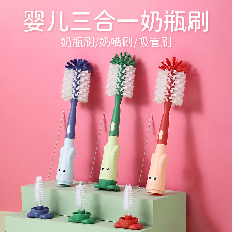Baby bottle brush penguin three-in-one bottle brush straw brush pacifier brush set water cup cleaning brush spot wholesale