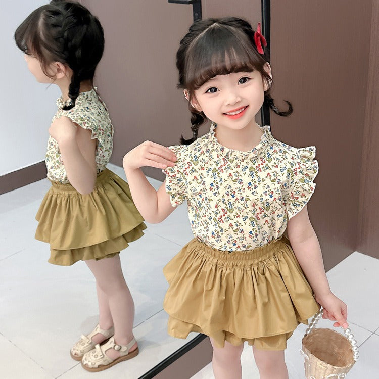 Korean children's clothing summer new style girls' fashionable suit baby floral ruffle shirt flower bud pants two-piece suit trendy