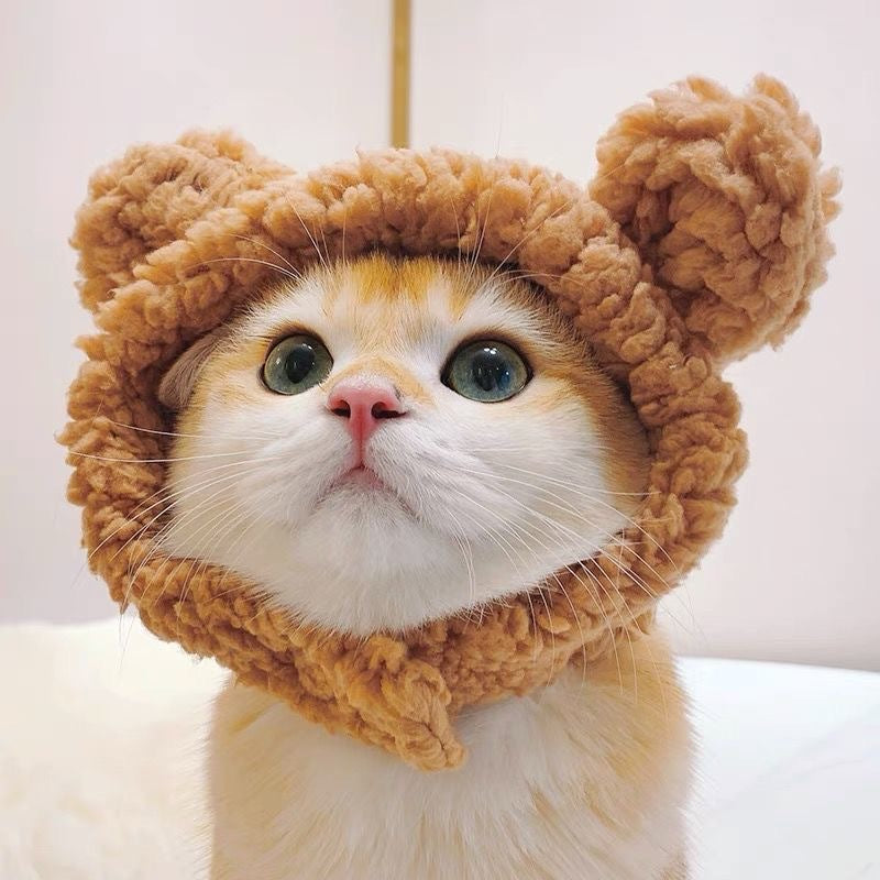 New pet hat bear plush head cover cute cat dog woven warm headdress dress up pet clothes