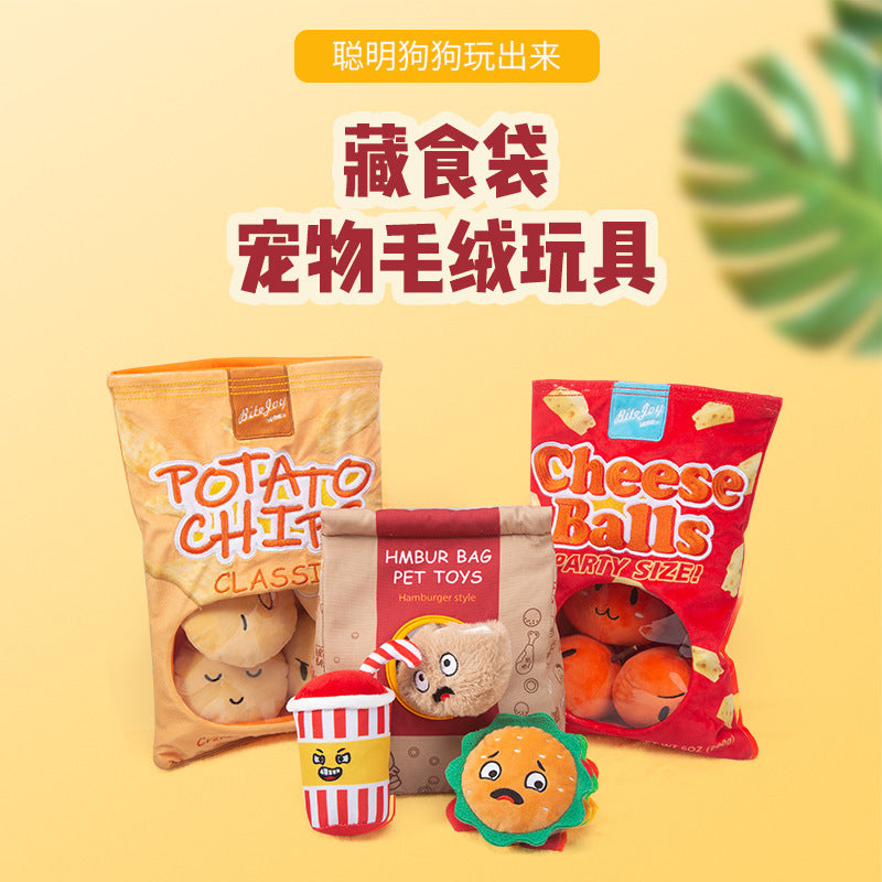 Amazon cross-border pet food and play bag ready-made cheese set American hamburger sound plush sniffing dog toy