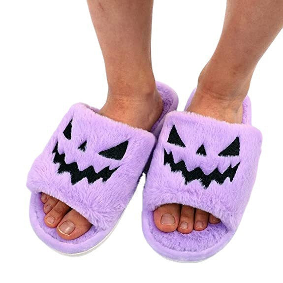 AliExpress autumn slippers Halloween jack-o-lantern slippers soft European and American plush comfortable open-toed outer wear plush slippers