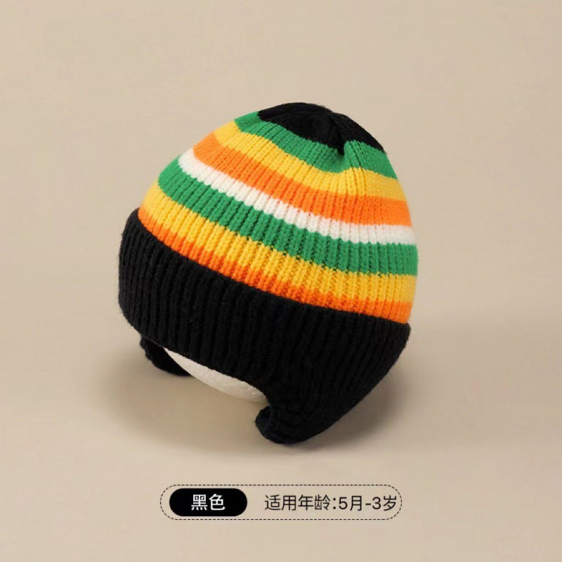 New autumn and winter children's warm hats cute bear double ball hats infant baby warm ear protection knitted wool hat