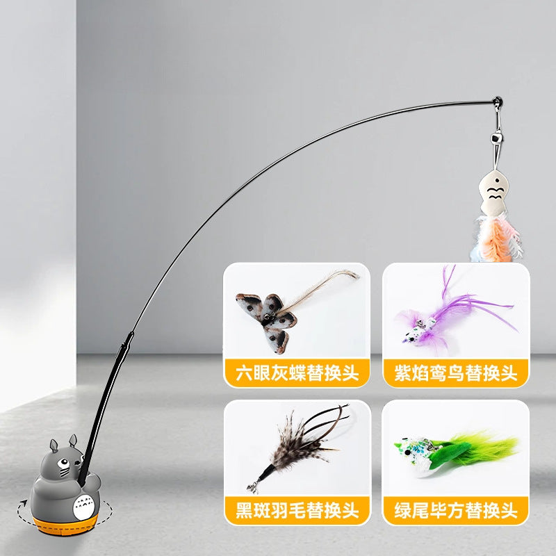 Cartoon chinchilla 360 rotating fishing cat teaser stick self-entertainment replaceable feather long rod cat teaser pet toy