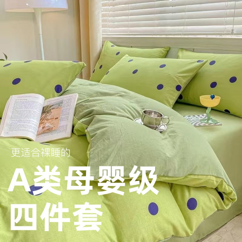 A-grade mother and baby grade four-piece set double-layer yarn pure washed cotton full quilt cover ins style bed sheet dormitory bed sheet 4 three-piece set