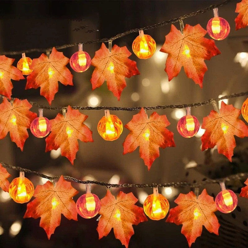 LED Halloween Simulation Maple Leaf Light String Thanksgiving Harvest Festival Holiday Garden Decoration Maple Leaf Pumpkin Light String