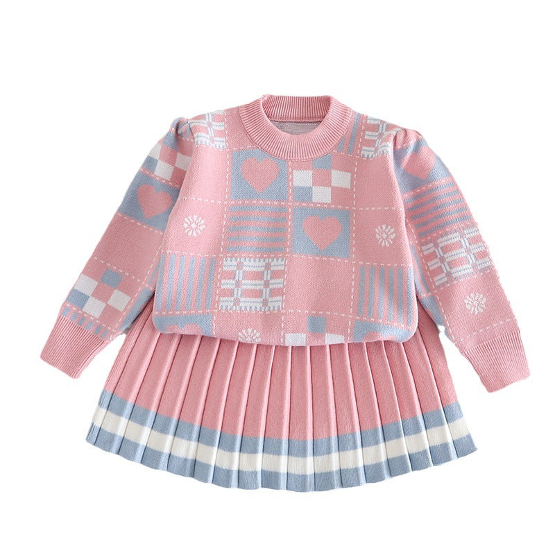 Baby girl sweater skirt children's spring and autumn new knitted two-piece skirt cute geometric pattern sweater skirt foreign trade trend