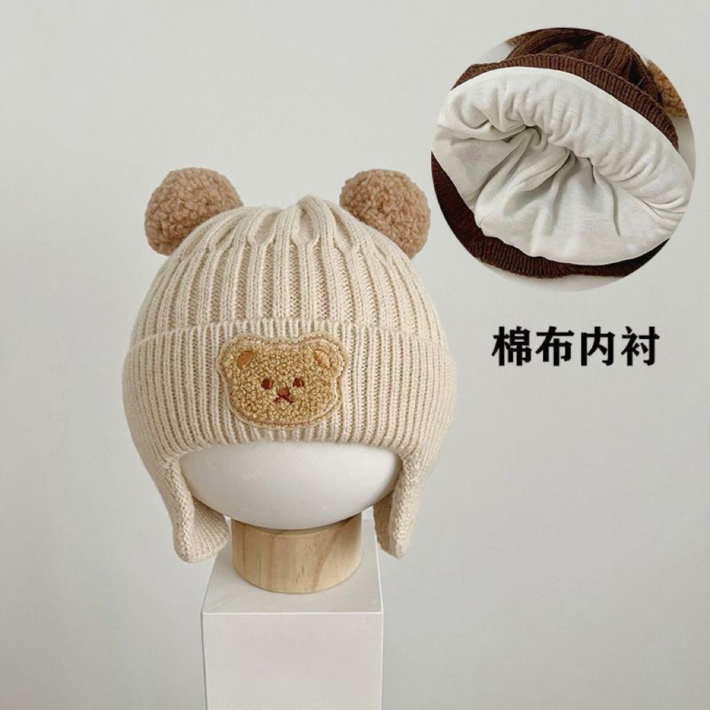 New autumn and winter children's warm hats cute bear double ball hats infant baby warm ear protection knitted wool hat