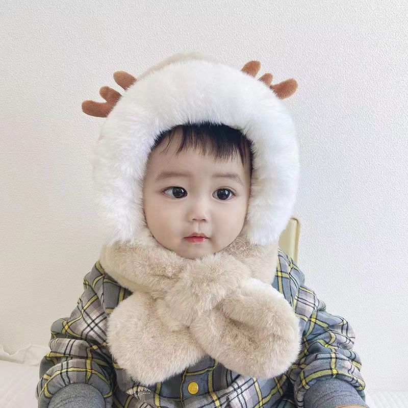 Winter outdoor children's hat scarf integrated boys and girls thick warm plush cute baby deer antler ear protection hat