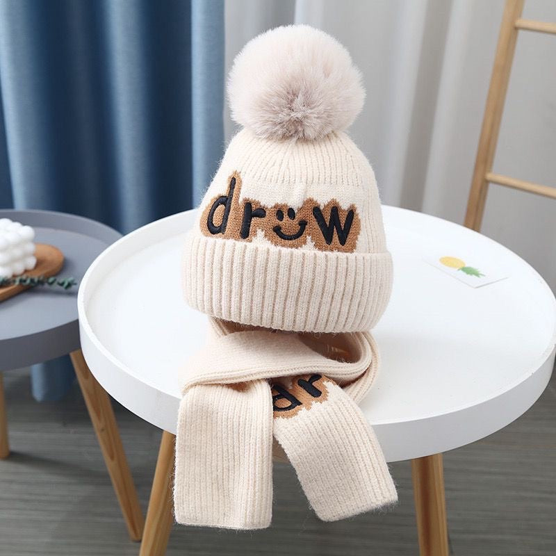 Children's hat scarf set for boys and girls winter warm cotton lining wool hat baby two-piece hat