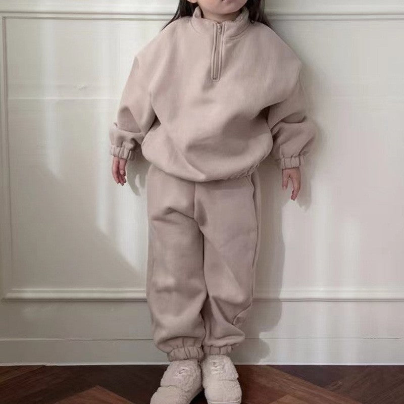 ins Korean version of winter children's clothing boys simple solid color plus velvet suit baby girl fashion outing clothes two-piece suit