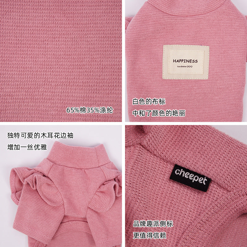 Autumn and winter new puppy two-legged clothes cotton solid color lace flying sleeves warm Bichon Teddy pet clothing