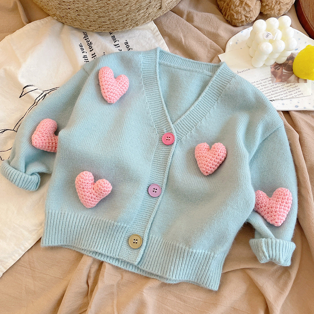 Korean children's clothing girls knitted cardigan autumn style 24 new style sweater children baby wool love coat