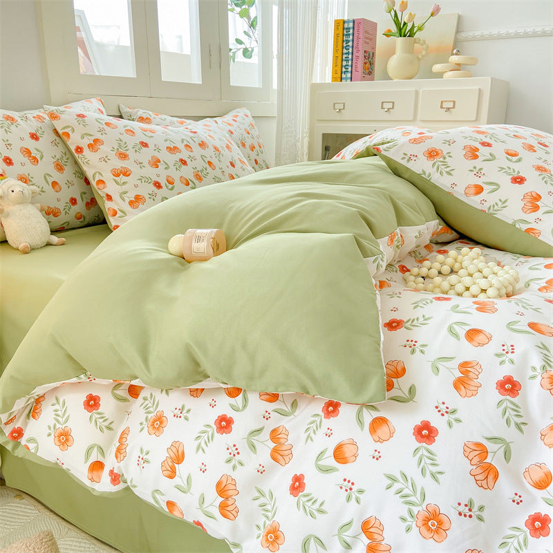 A-grade mother and baby grade four-piece set double-layer yarn pure washed cotton full quilt cover ins style bed sheet dormitory bed sheet 4 three-piece set