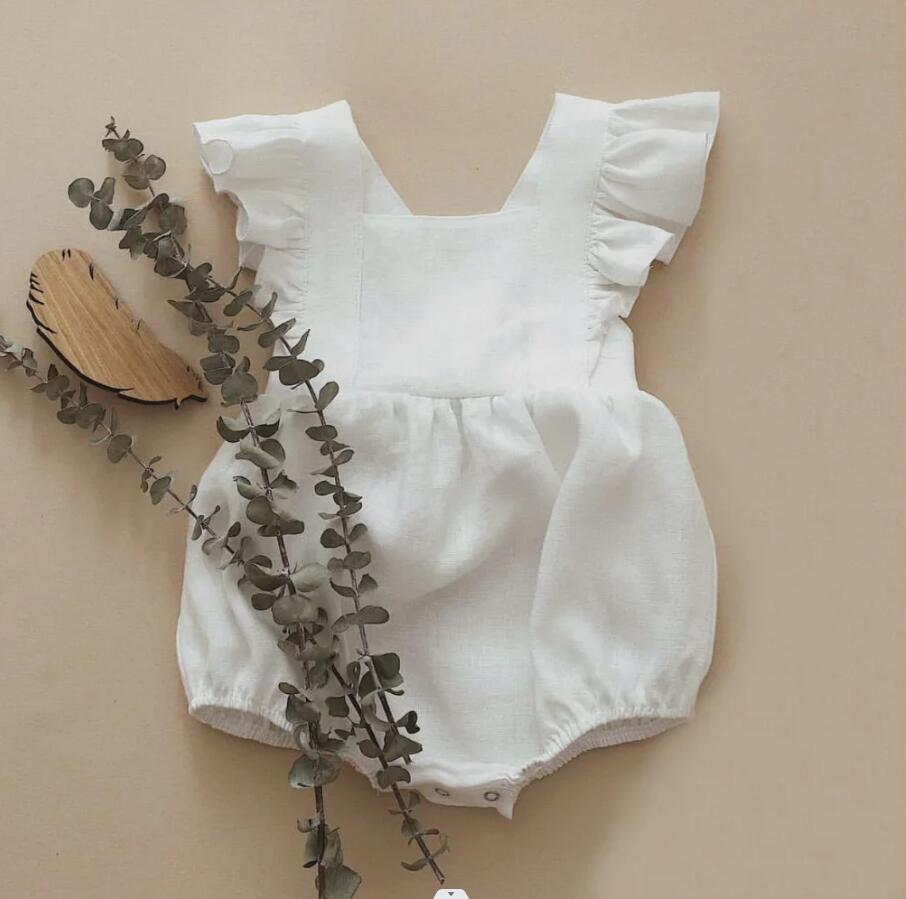 European and American baby cotton and linen romper jumpsuit crawling clothes ruffled straps fart clothes Amazon baby romper