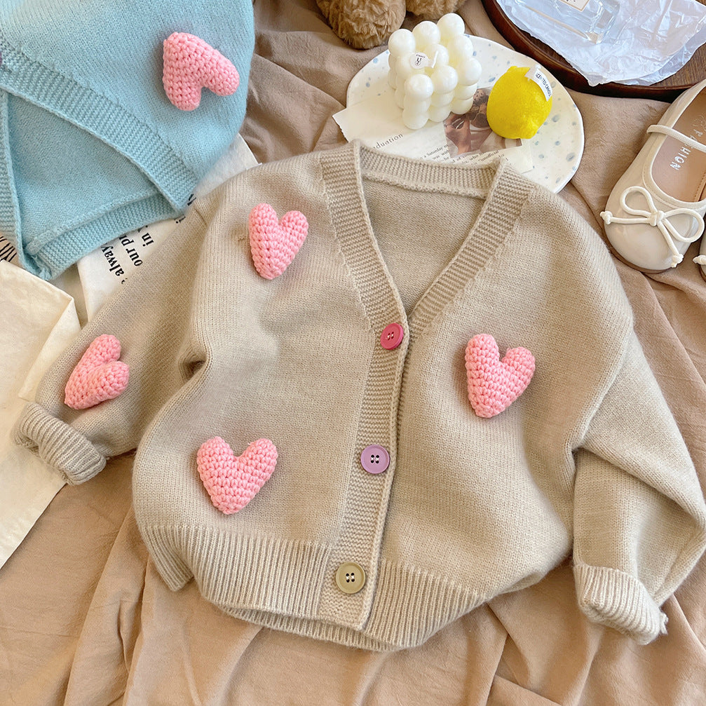 Korean children's clothing girls knitted cardigan autumn style 24 new style sweater children baby wool love coat